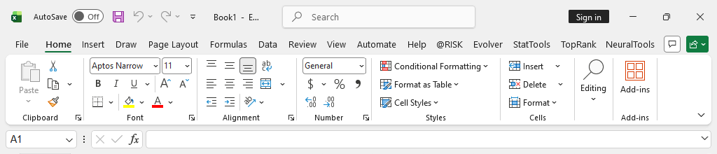 Excel ribbon with all DecisionTools Suite tabs visible: @RISK, Evolver, StatTools, TopRank, NeuralTools