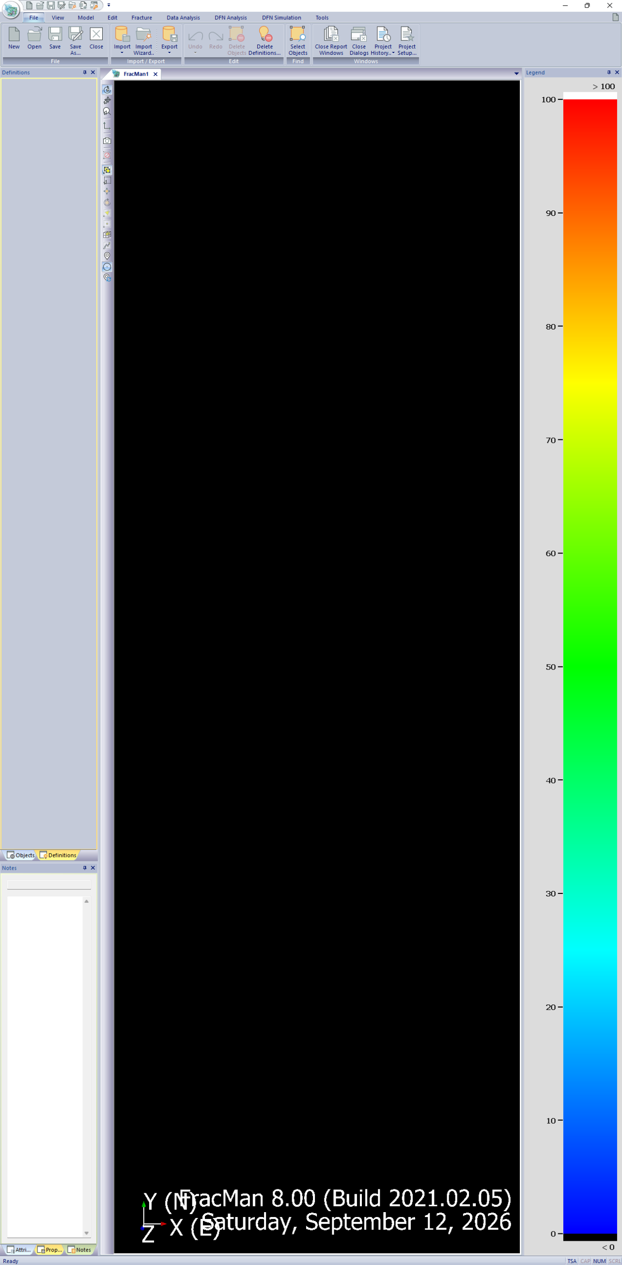 FracMan 8.0 main window with the DFN 3D viewport, module ribbon, and Legend colorbar