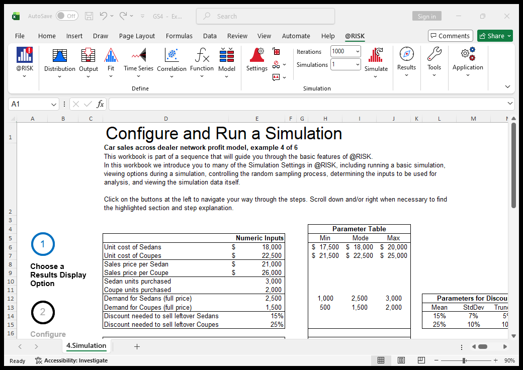 DecisionTools Suite 8.9 running licensed in Excel - @RISK ribbon and a Monte Carlo simulation model with computed distributions