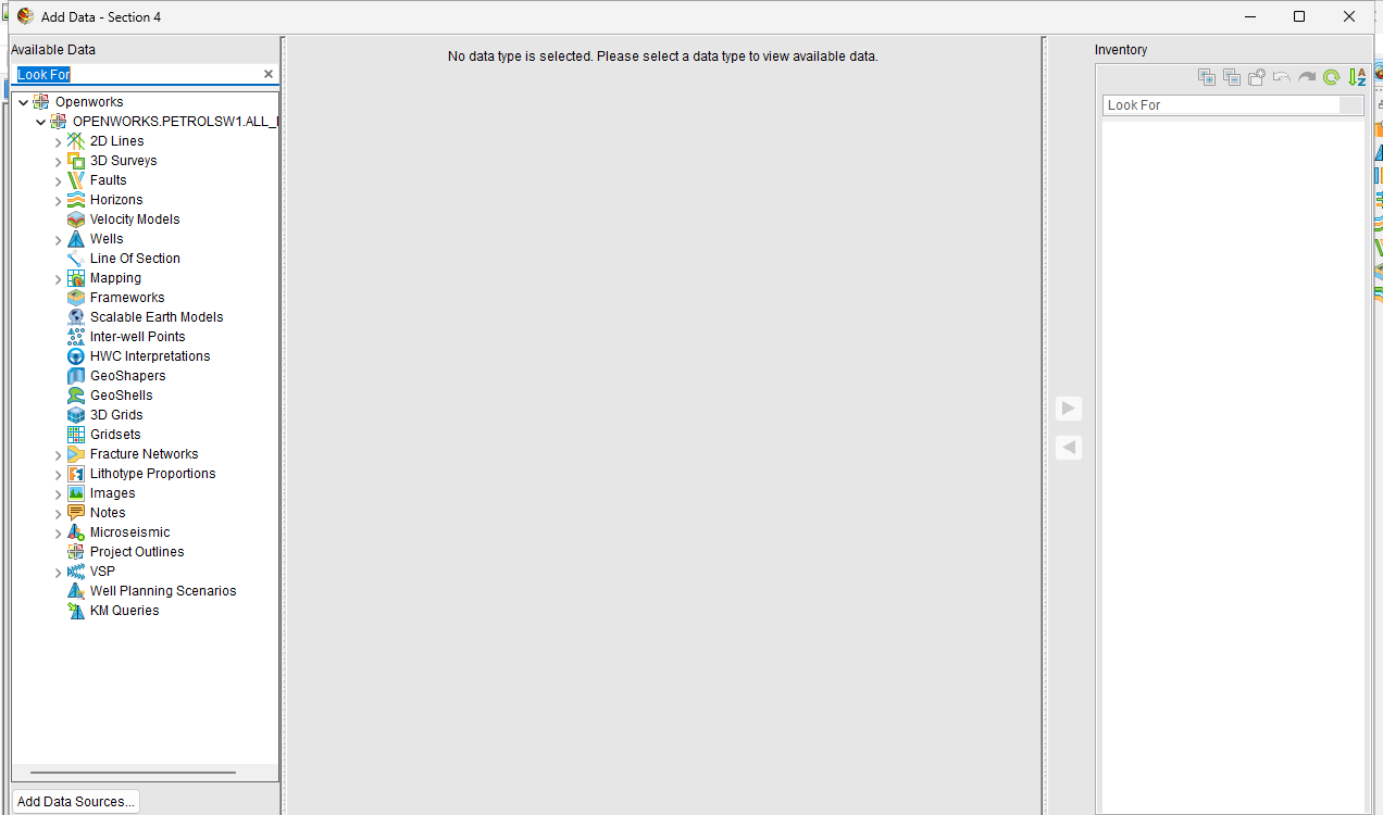 DecisionSpace Geosciences 10ep.6.1.03 Add Data dialog showing licensed OpenWorks project tree