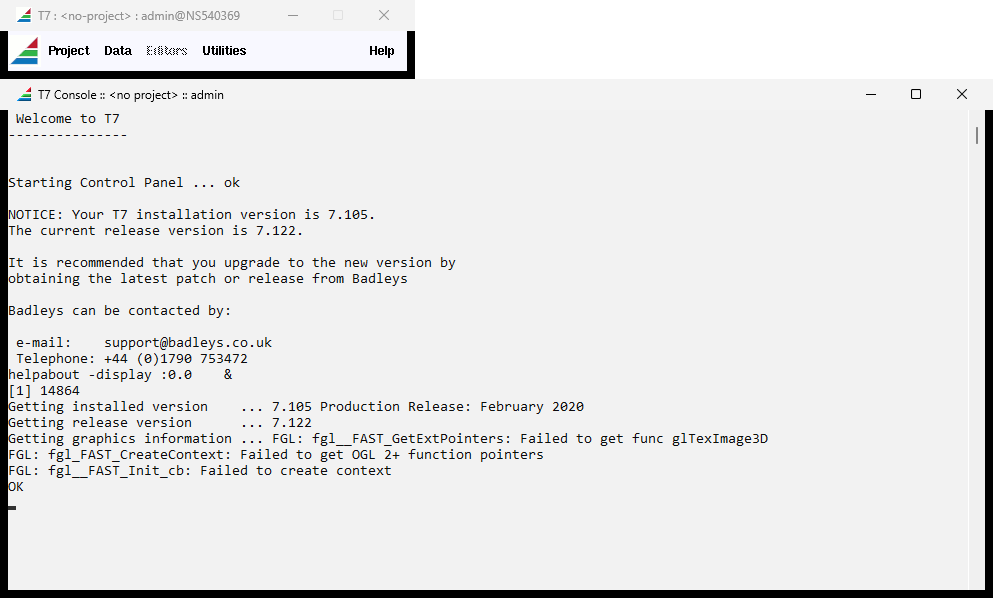 Trap Tester T7 running — main window menus (Project, Data, Editors, Utilities, Help) and T7 Console showing version info and successful startup under licensed state